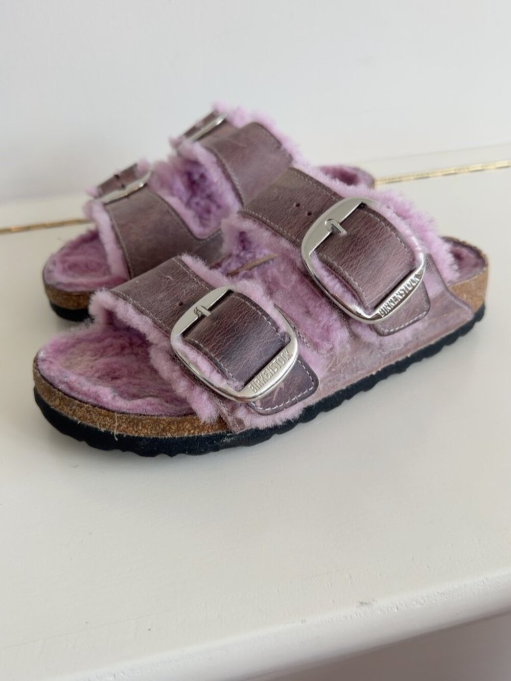Birkenstock Arizona Big Buckle Shearling Pink Purple Leather Sandals EU 35